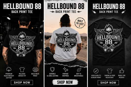Hellbound88 Winged Skull Logo Motorcycle T-Shirt/ Vintage Biker Graphic Tee